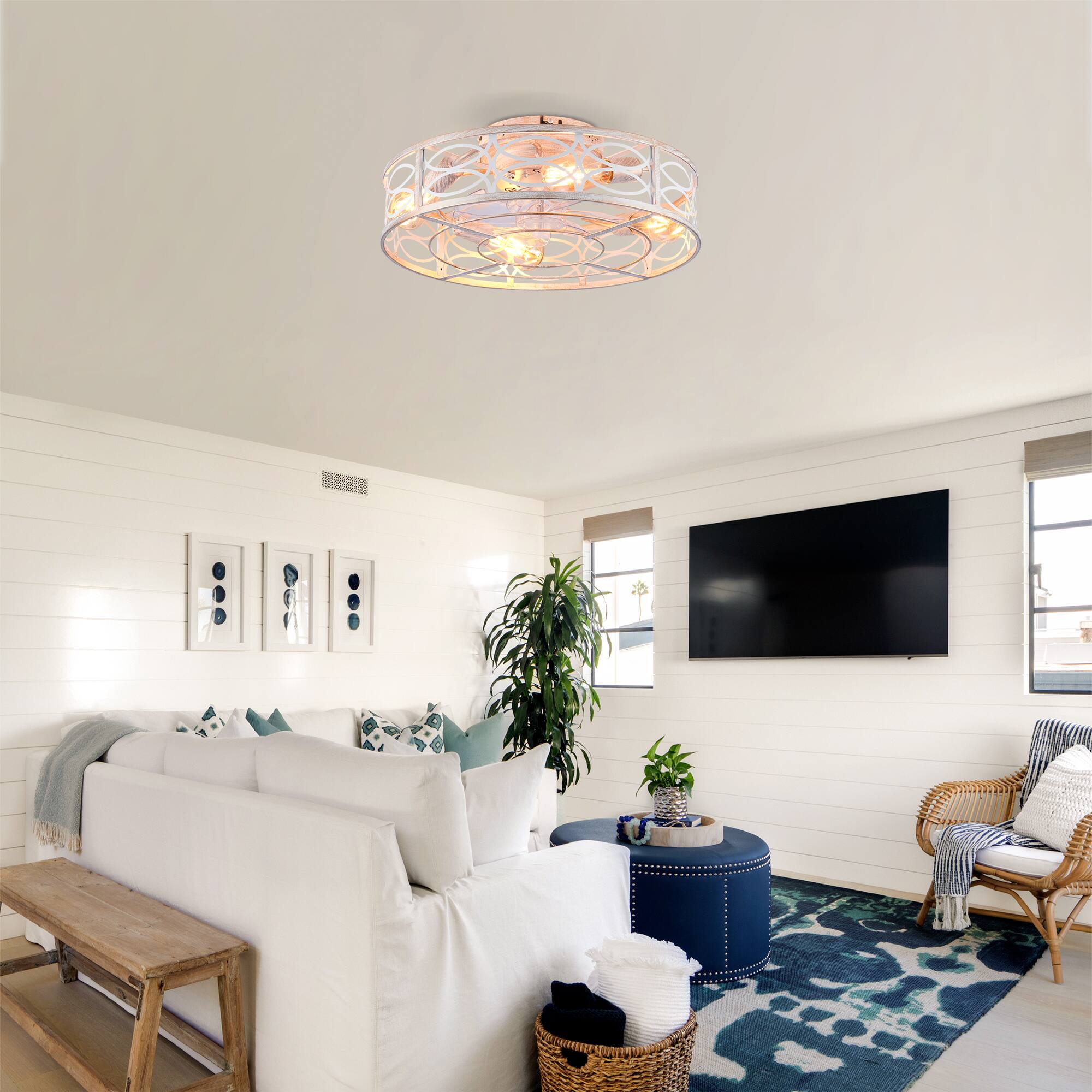 Left. GOODSILO - 20" Bladeless Caged Ceiling Fan with Remote, 6-Speed, Flush Mount (Bulbs Not Included) - Retro White.