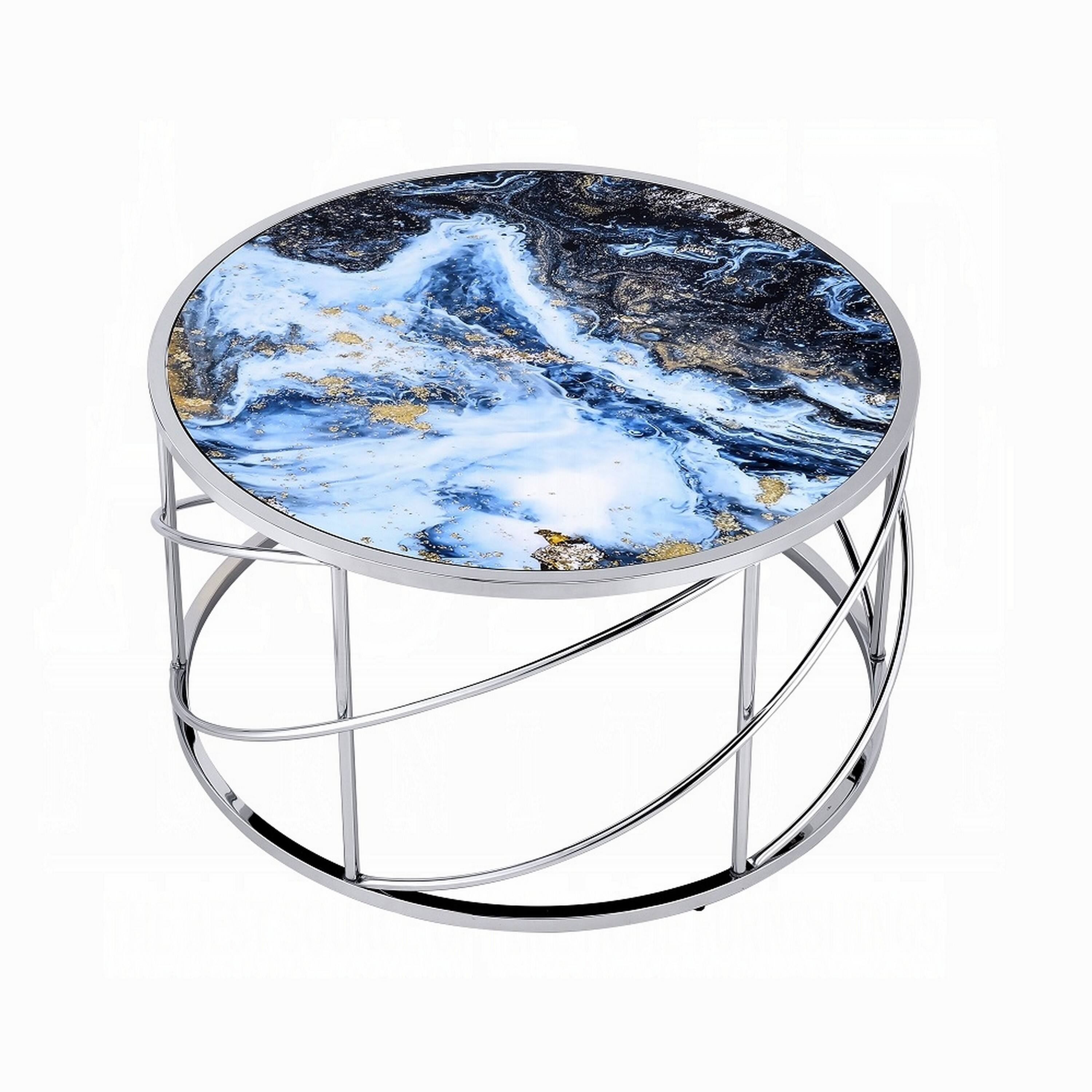 Alt View 1. Manhattan Lane - Shira Round Coffee Table, 33 Inch, Open Chrome Base, Blue Faux Marble - Blue, Chrome.
