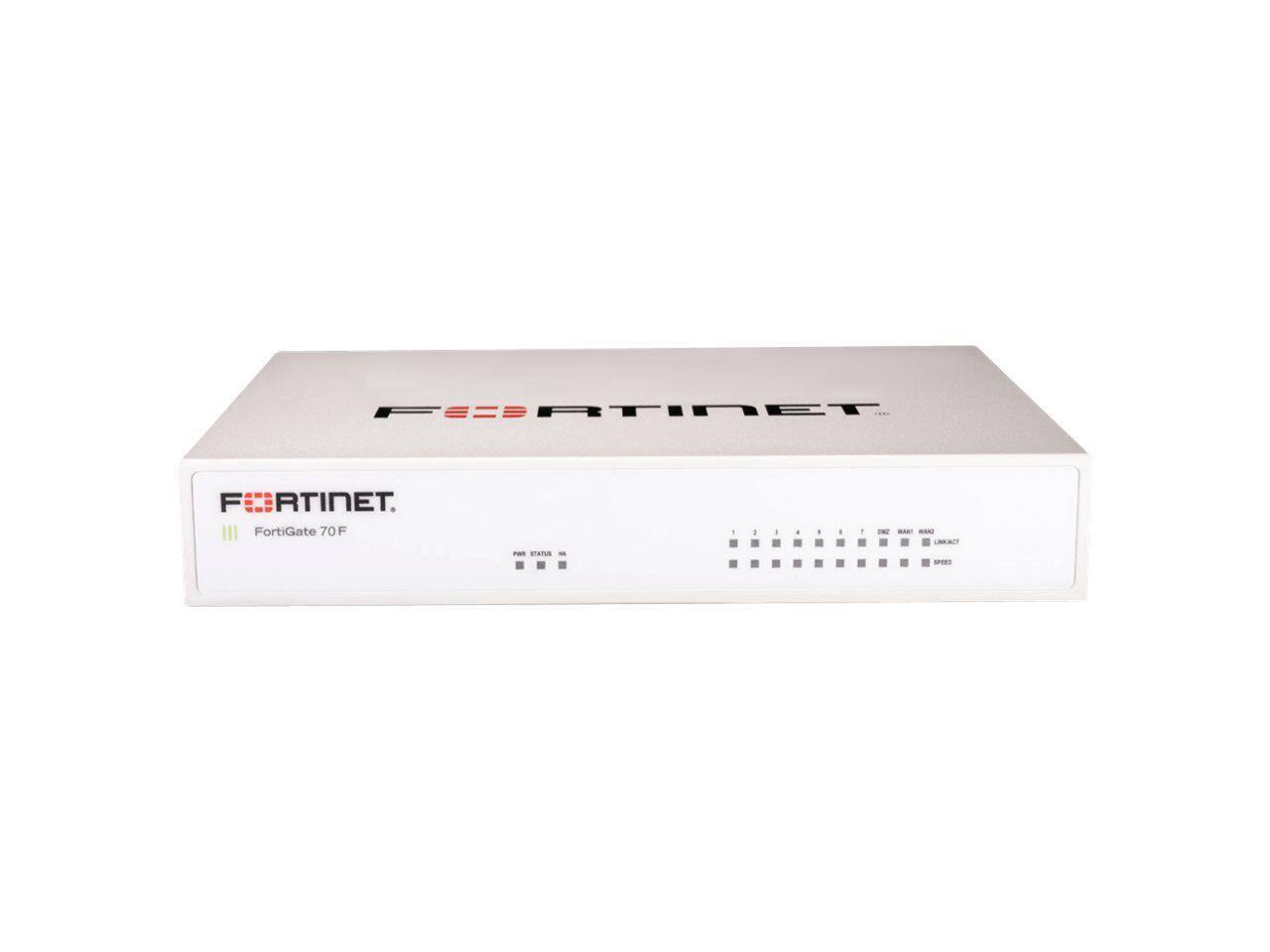 FORTINET  
FortiGate 70F  

PWR STATUS  
1 2 3 4 5 6 7  
DMZ WAN1 WAN2  
LINK ACT SPEED