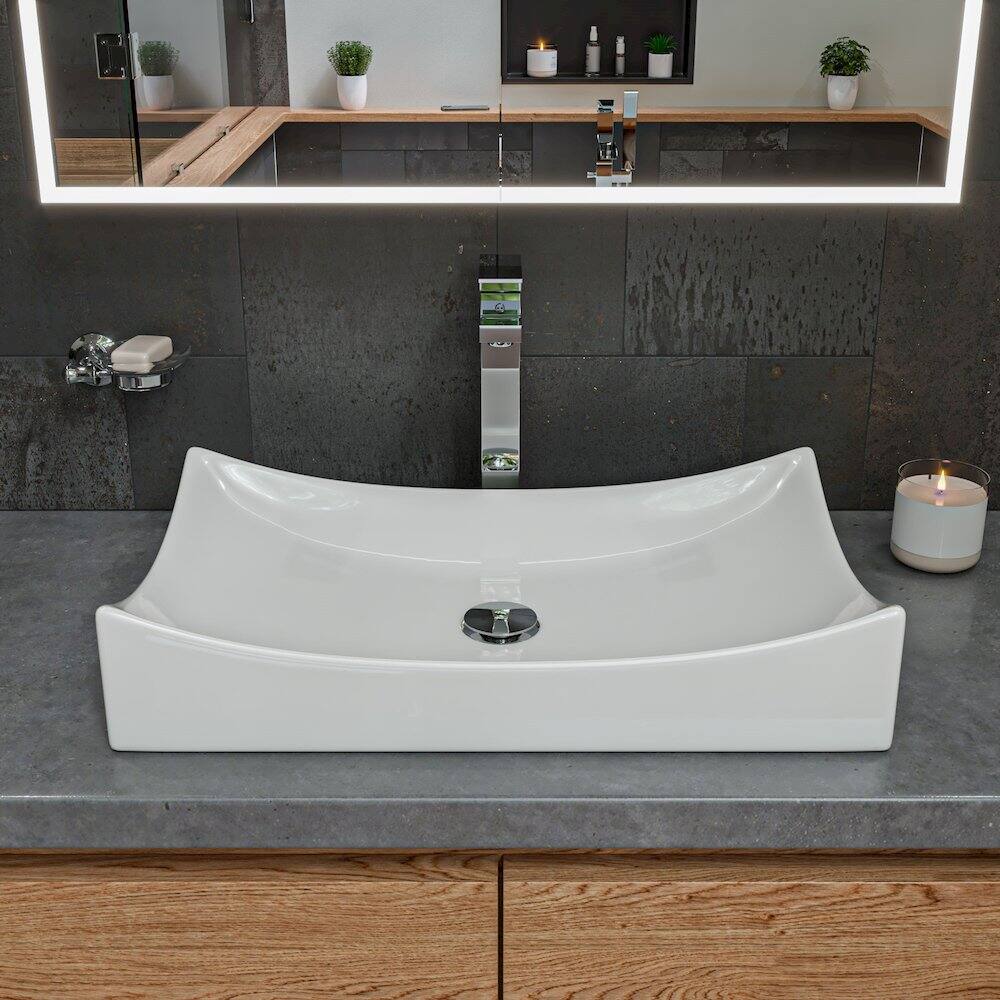 Left. Alfi - White 26" Fancy Rectangular Above Mount Ceramic Sink - White.