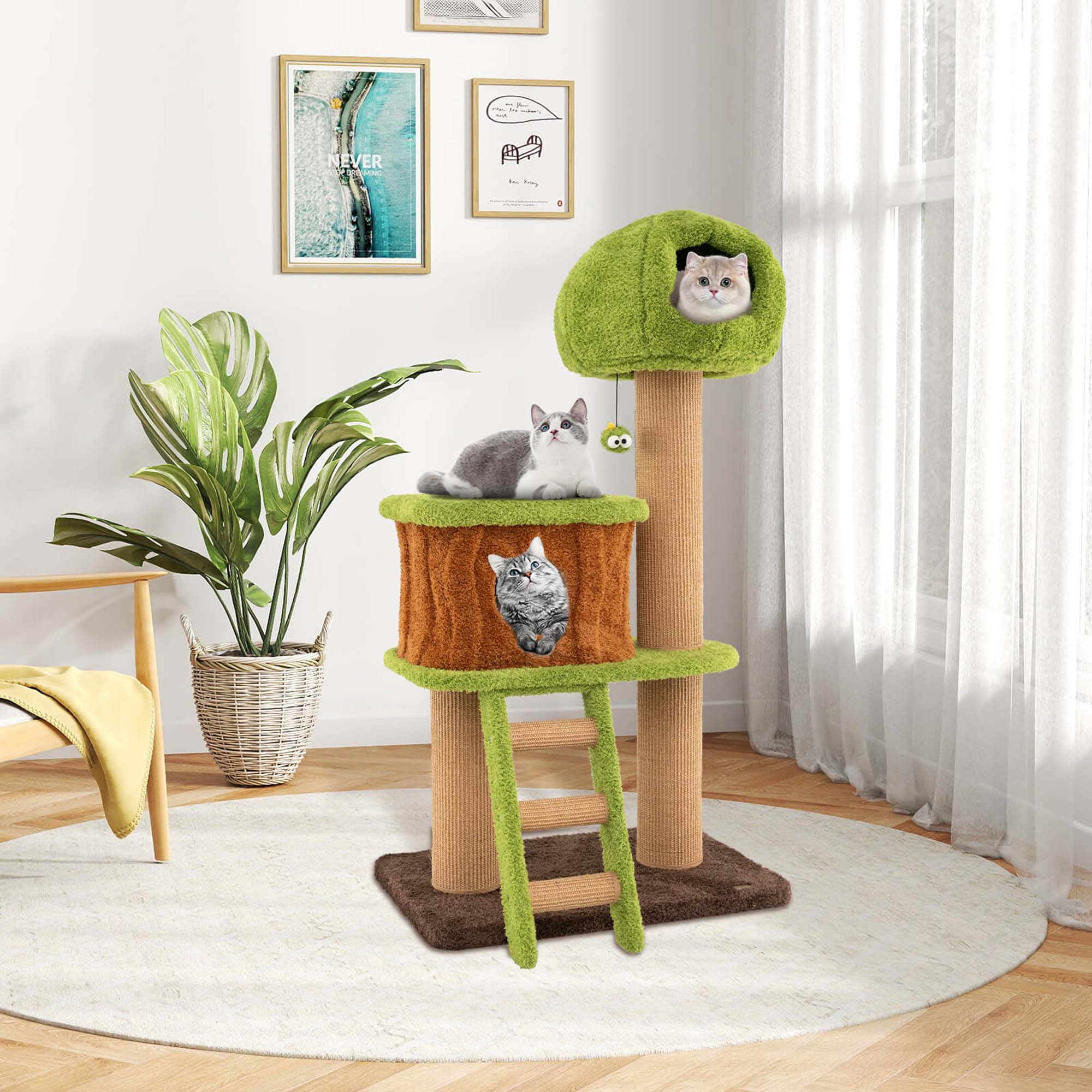 Alt View 3. Costway - Costway 56" Tall Cat Tower with Mushroom-shaped Nest Condo Climbing Ladder Teasing Ball - Brown.