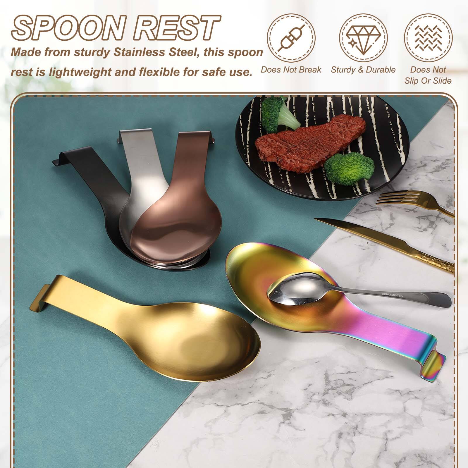 SPOON REST

Made from sturdy Stainless Steel, this spoon rest is lightweight and flexible for safe use. Does Not Break. Sturdy & Durable. Does Not Slip Or Slide.
