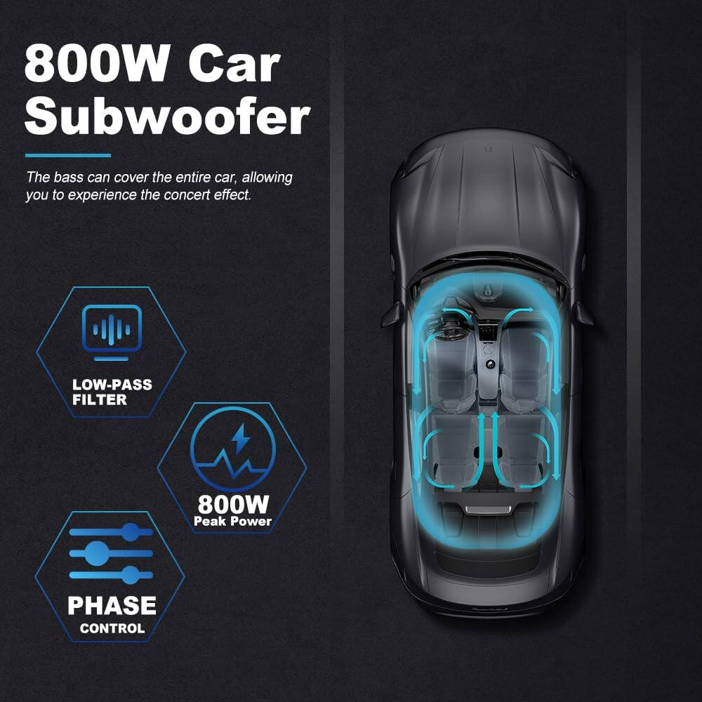 800W Car Subwoofer

The bass can cover the entire car, allowing you to experience the concert effect.

- LOW-PASS FILTER
- 800W Peak Power
- PHASE CONTROL