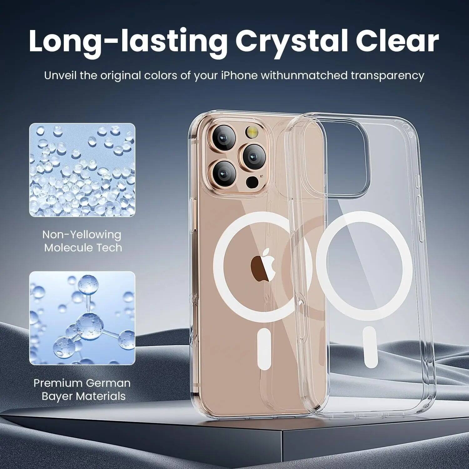 Long-lasting Crystal Clear  
Unveil the original colors of your iPhone with unmatched transparency  

Non-Yellowing Molecule Tech  
Premium German Bayer Materials