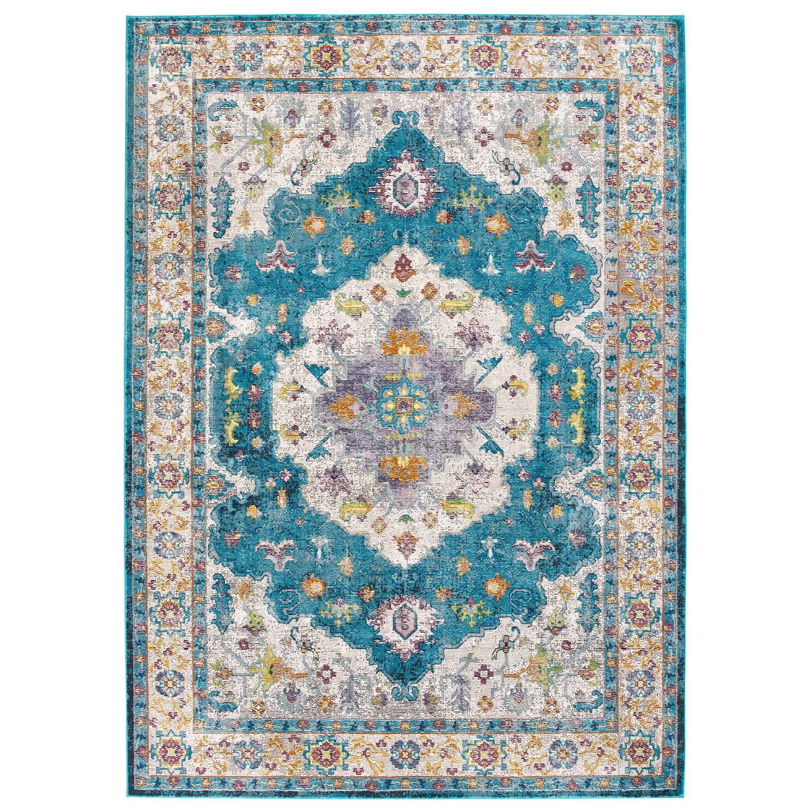 Angle. Modway - Success Anisah Distressed Floral Vintage Medallion Area Rug - Blue Ivory Yellow Orange.