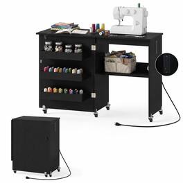 Costway - Folding Sewing Machine Table with Power Outlets, 3 Storage Bins & Open Shelf - Black