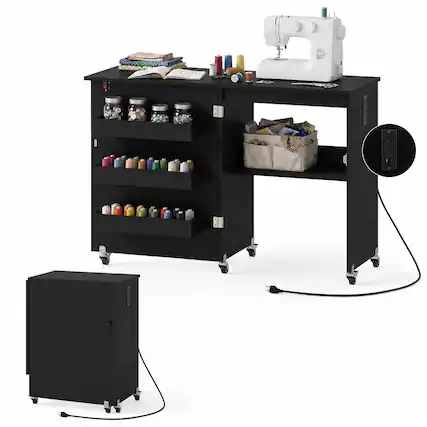 Front. Costway - Costway Folding Sewing Machine Table with Power Outlets, 3 Storage Bins & Open Shelf - Black.