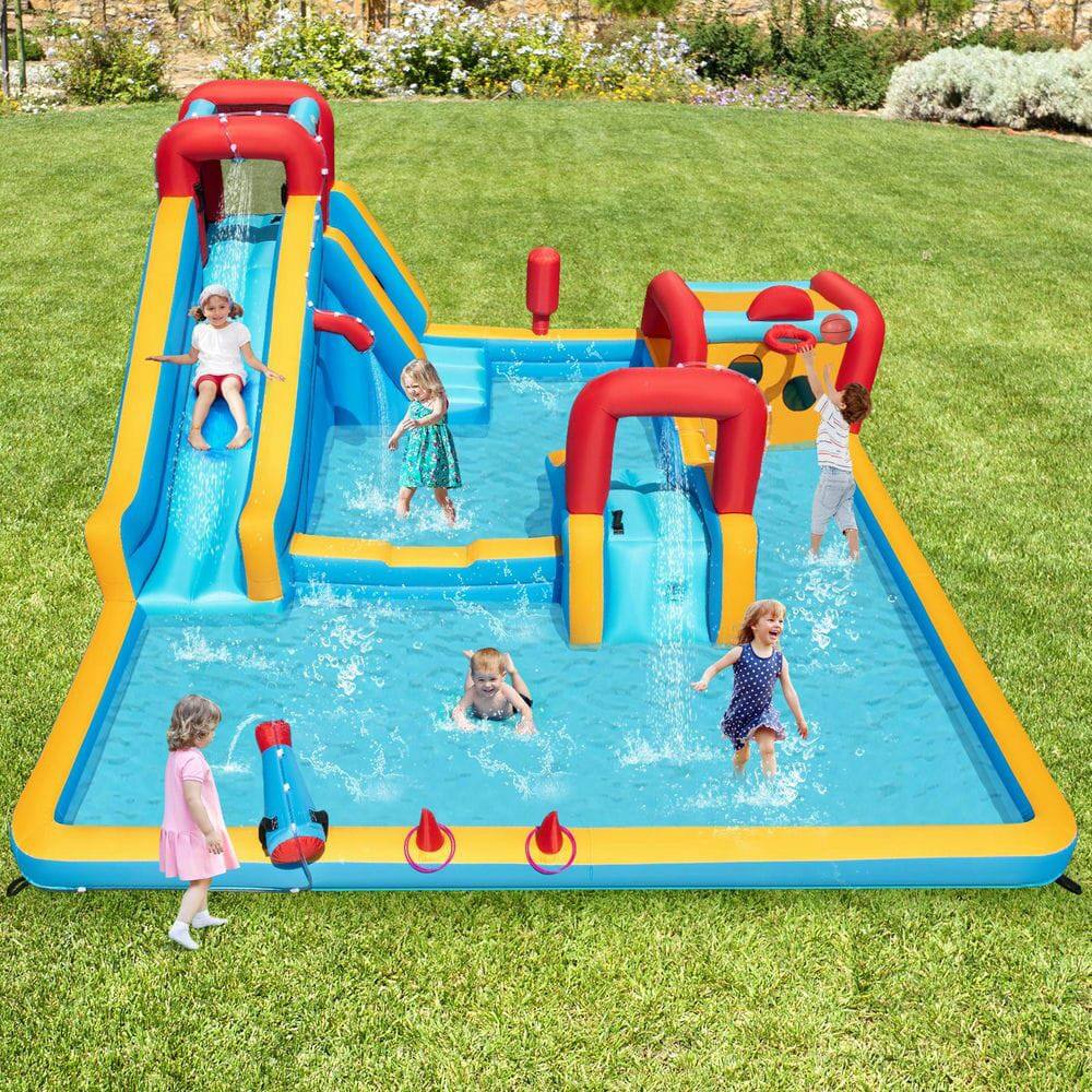 Alt View 1. Resenkos - 9-in-1 Giant Inflatable Double Water Slide Park - Summer Backyard Bounce House - Multicolor.