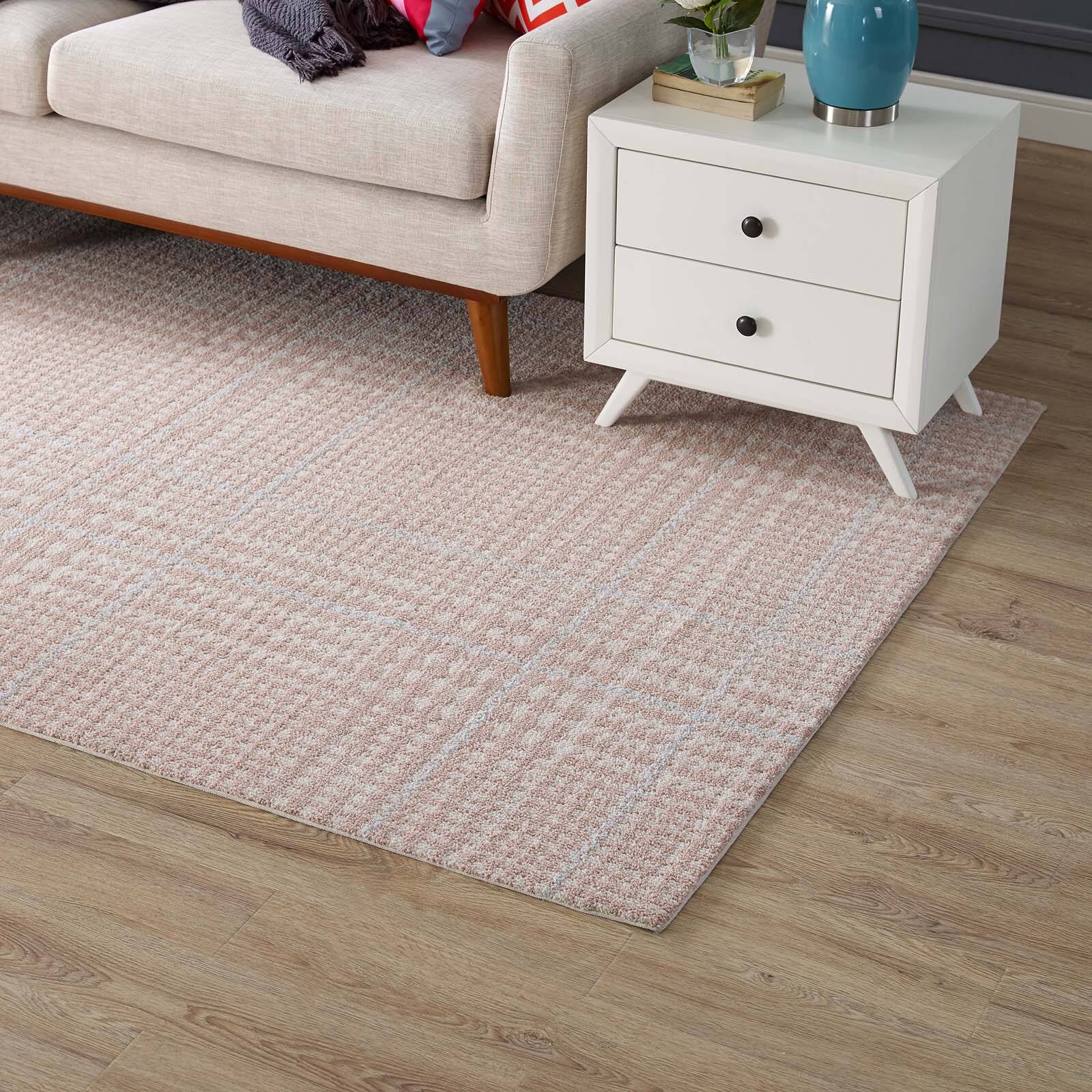 Left. Modway - Kaja Abstract Plaid Area Rug - Ivory Cameo Rose and Light Blue.