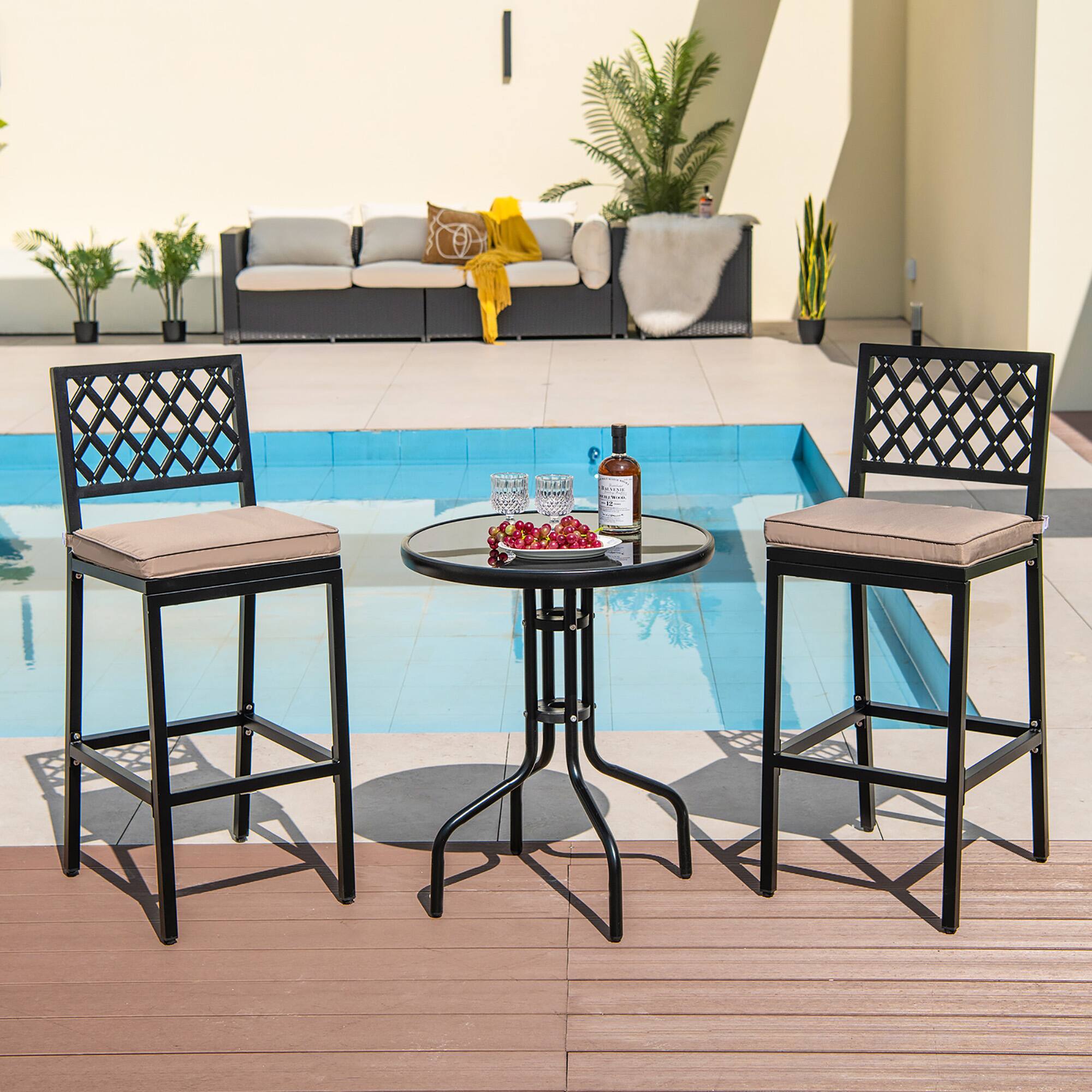 Angle. Costway - Set of 2 Outdoor Bar Height Dining Chairs Patio Metal Bar Stools with Cushion - Black/Beige.