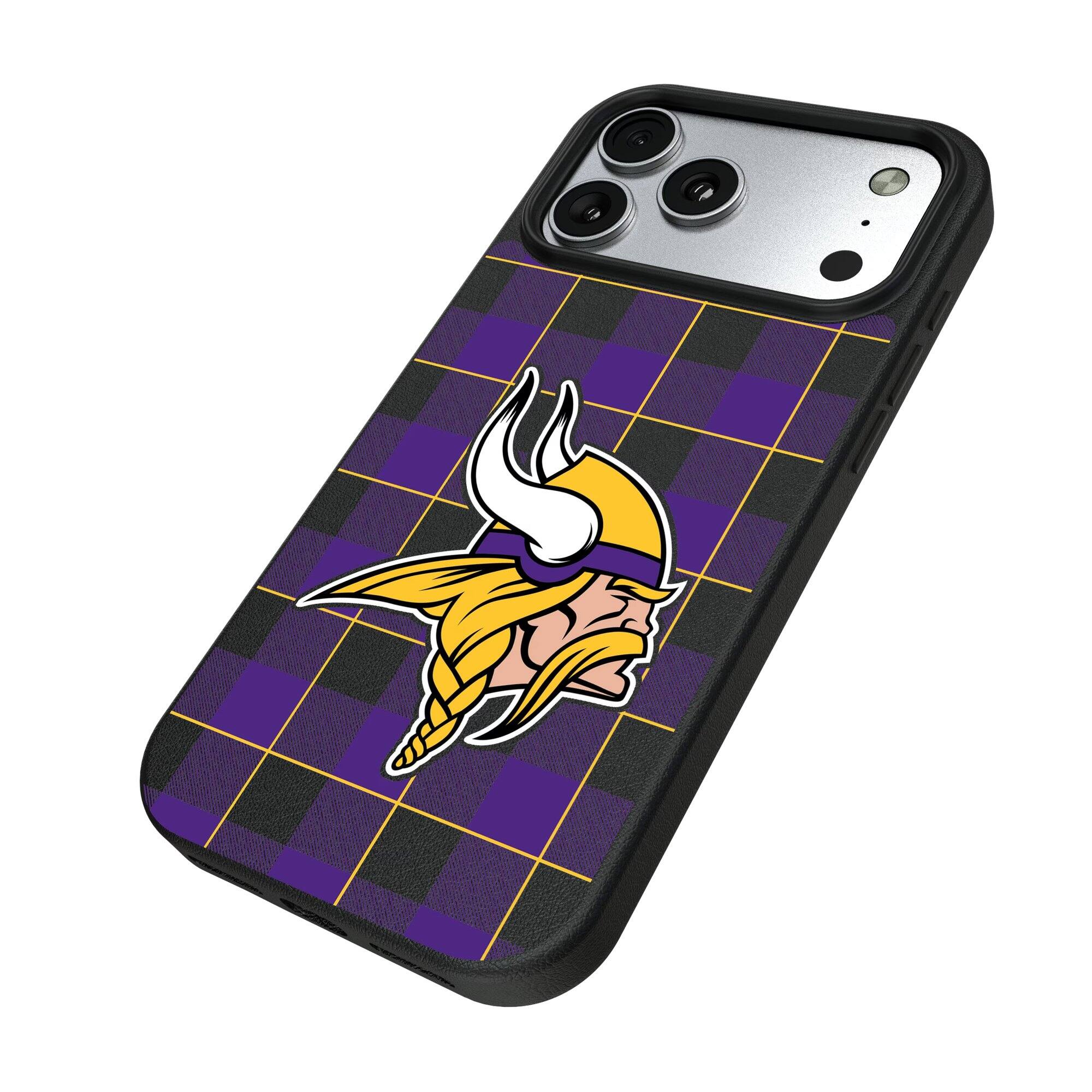 Alt View 1. Keyscaper - Minnesota Vikings Plaid Magnetic Bump iPhone Case - 15 Pro - Black.