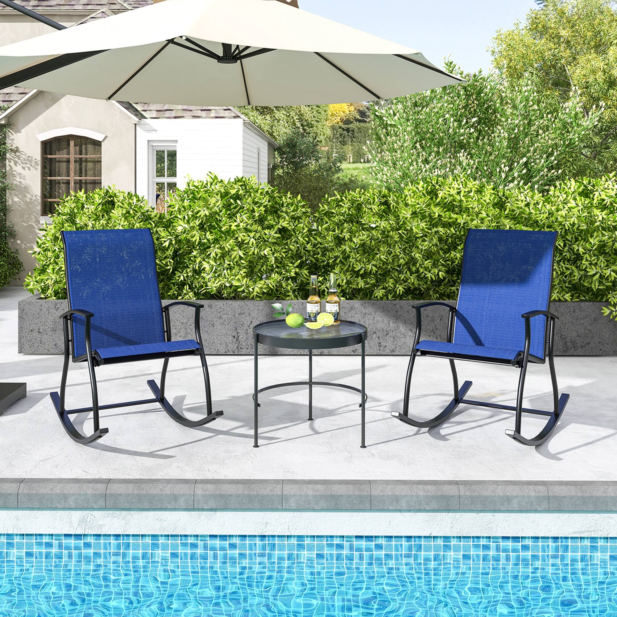 Alt View 3. Costway - Costway 2 PCS Outdoor Rocking Chairs with Breathable Backrest Smooth Safe Rocking Design - Blue.