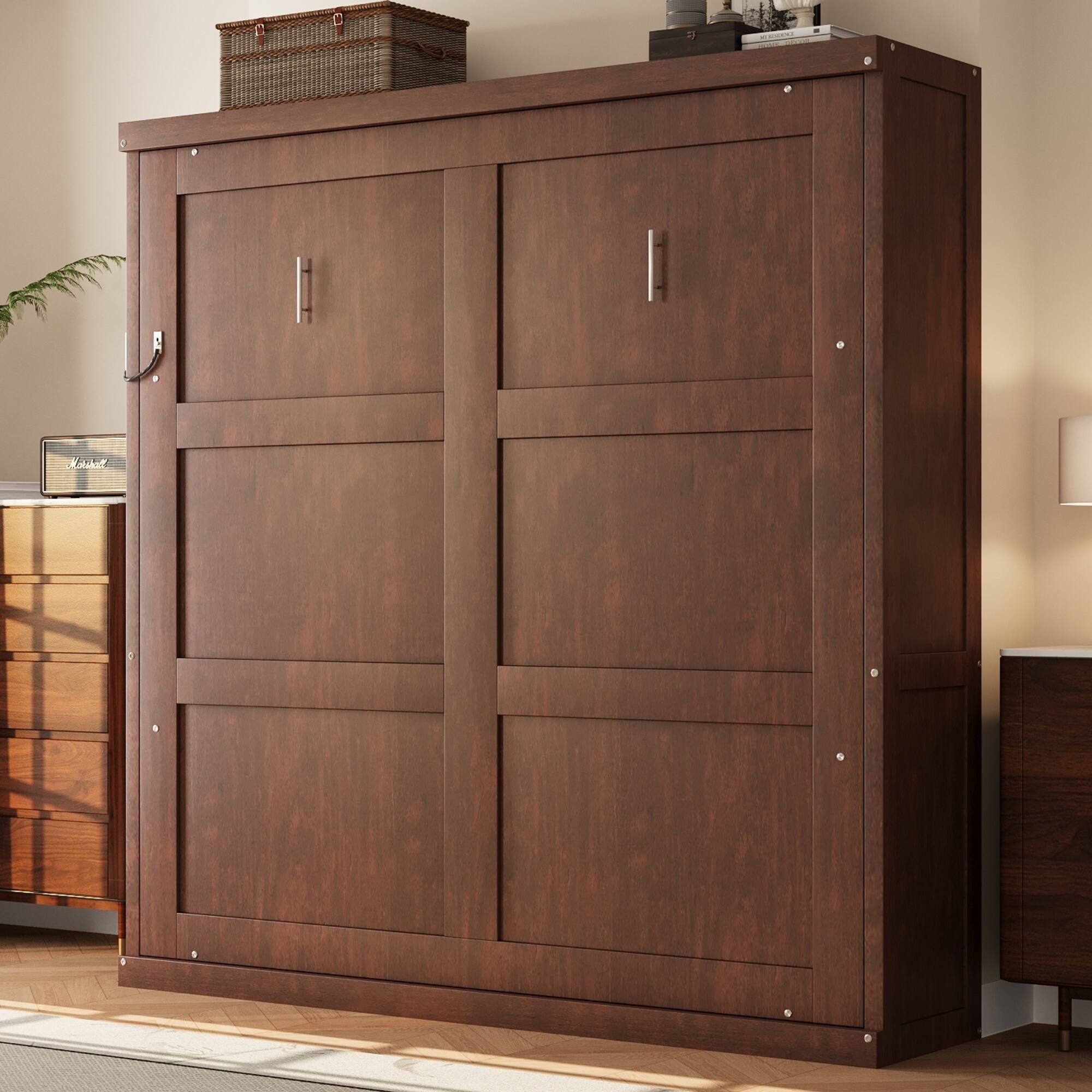 Left. Whisen - Full Size Murphy Bed with Cabinet, Wood & MDF Foldable Guest Bed, Space-Saving Furniture - Espresso.