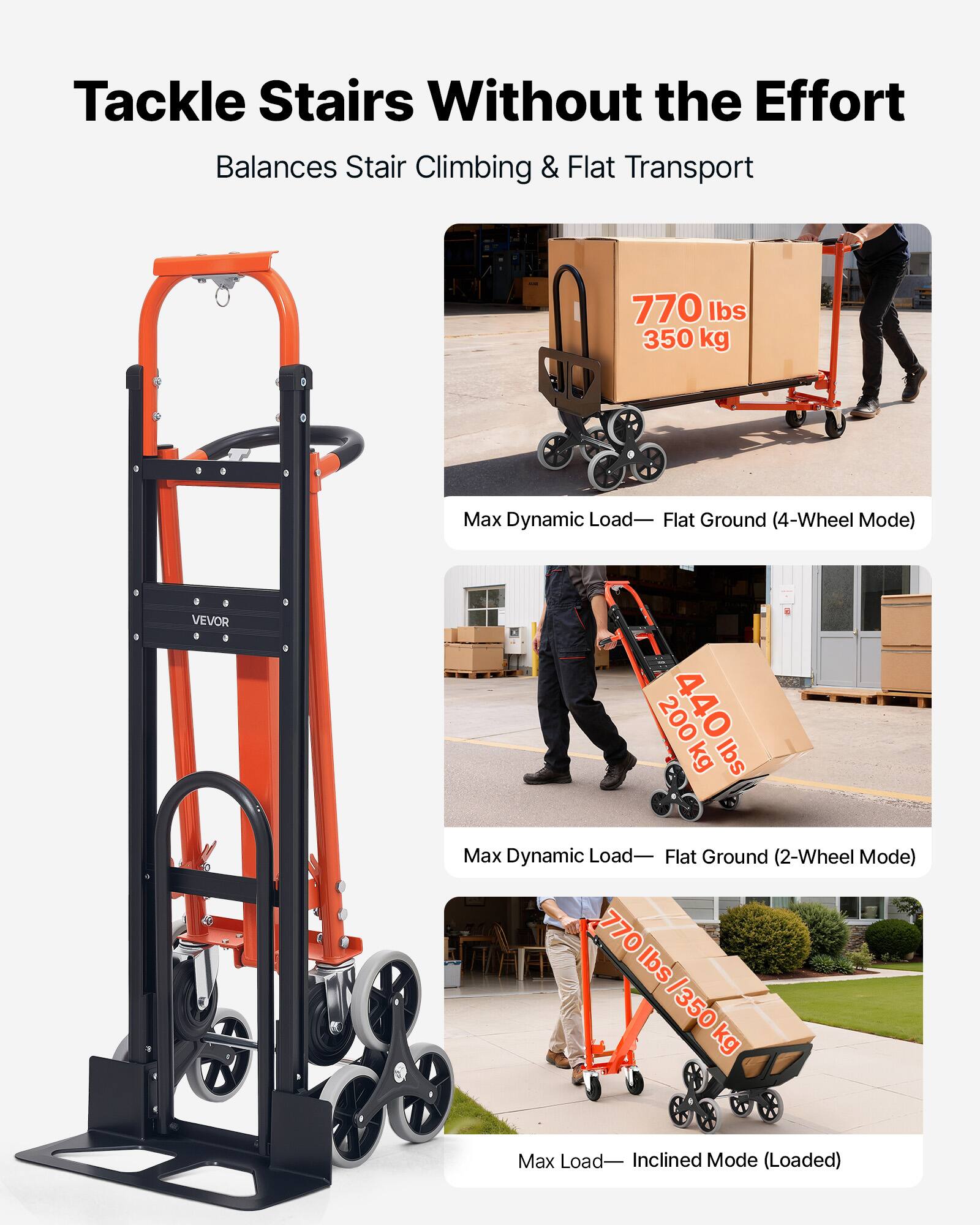 Tackle Stairs Without the Effort  
Balances Stair Climbing & Flat Transport  

770 lbs / 350 kg Max Dynamic Load - Flat Ground (4-Wheel Mode)  
440 lbs / 200 kg Max Dynamic Load - Flat Ground (2-Wheel Mode)  
770 lbs / 350 kg Max Load - Inclined Mode (Loaded)
