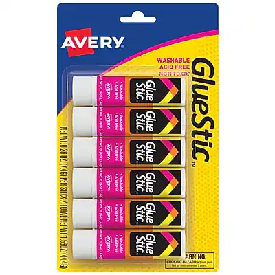 AVERY Glue Stic
WASHABLE
ACID FREE
NONTOXIC
NEW! 2/7 OZ (7.4G) PER STICK
NET WT. 0.26 OZ (7.4G) PER STICK
TOTAL NET WT. 0.56 OZ (16G)
WARNING: CHOKING HAZARD - Small parts. Not for children under 3 years.