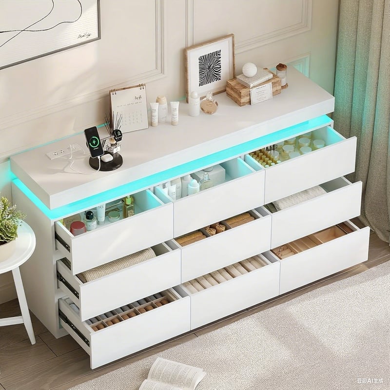 Front. Vipbear - Vipbear modern 9-drawer dressing table - with storage cabinet and LED light, wide drawer cabinet and charging station - White.