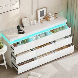 Vipbear - modern 9-drawer dressing table - with storage cabinet and LED light, wide drawer cabinet and charging station - White