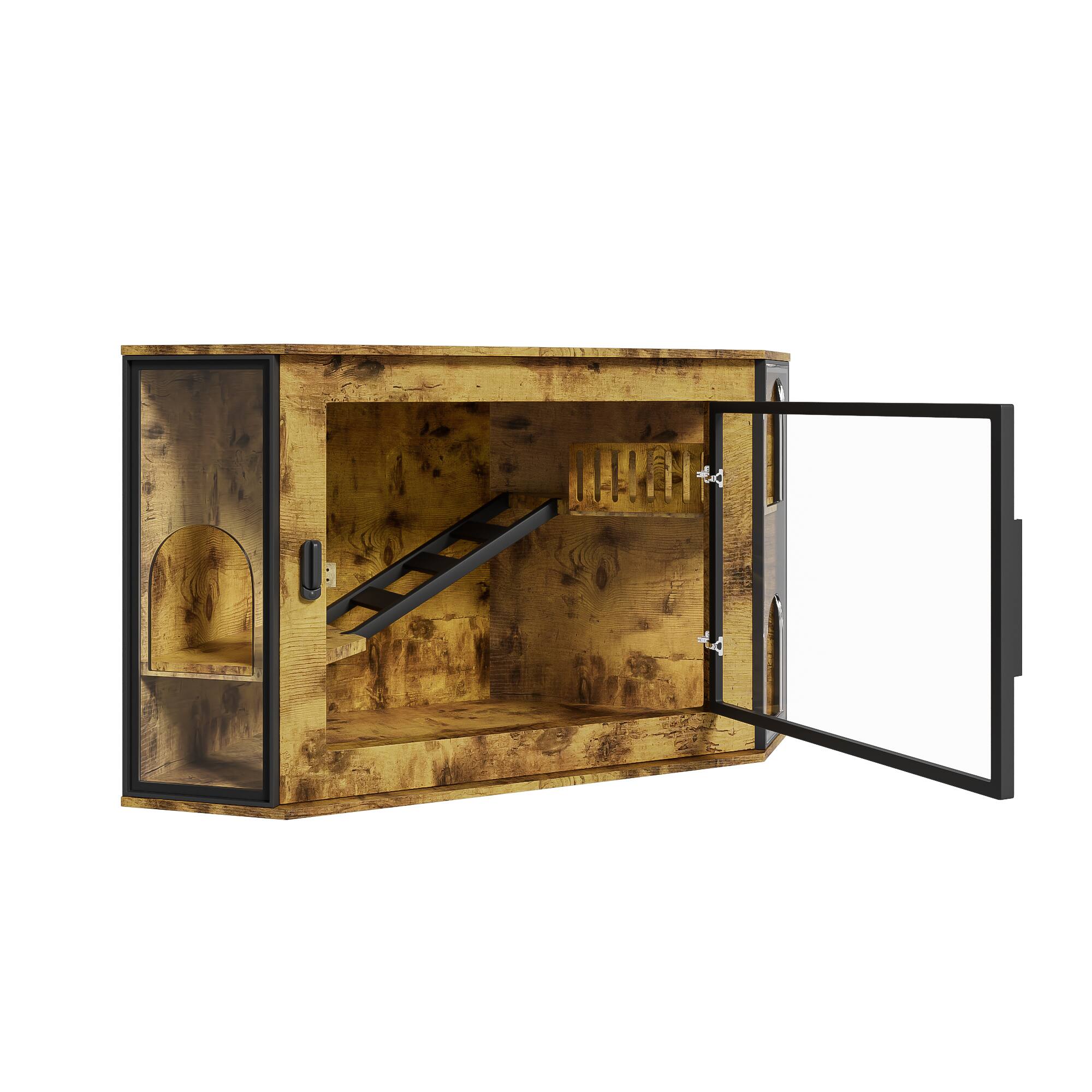 Left. Whisen - Corner Cat Litter Box Enclosure, Hidden Cat Furniture Cabinet with Acrylic Door, LED Light, Play Zone - Tiger.