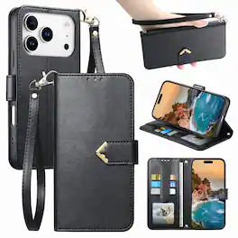 Dteck - Leather Wallet Case for Apple iPhone 17 Pro Max with Crossbody Strap, Shockproof Card Holder Kickstand Protective Cover - Black