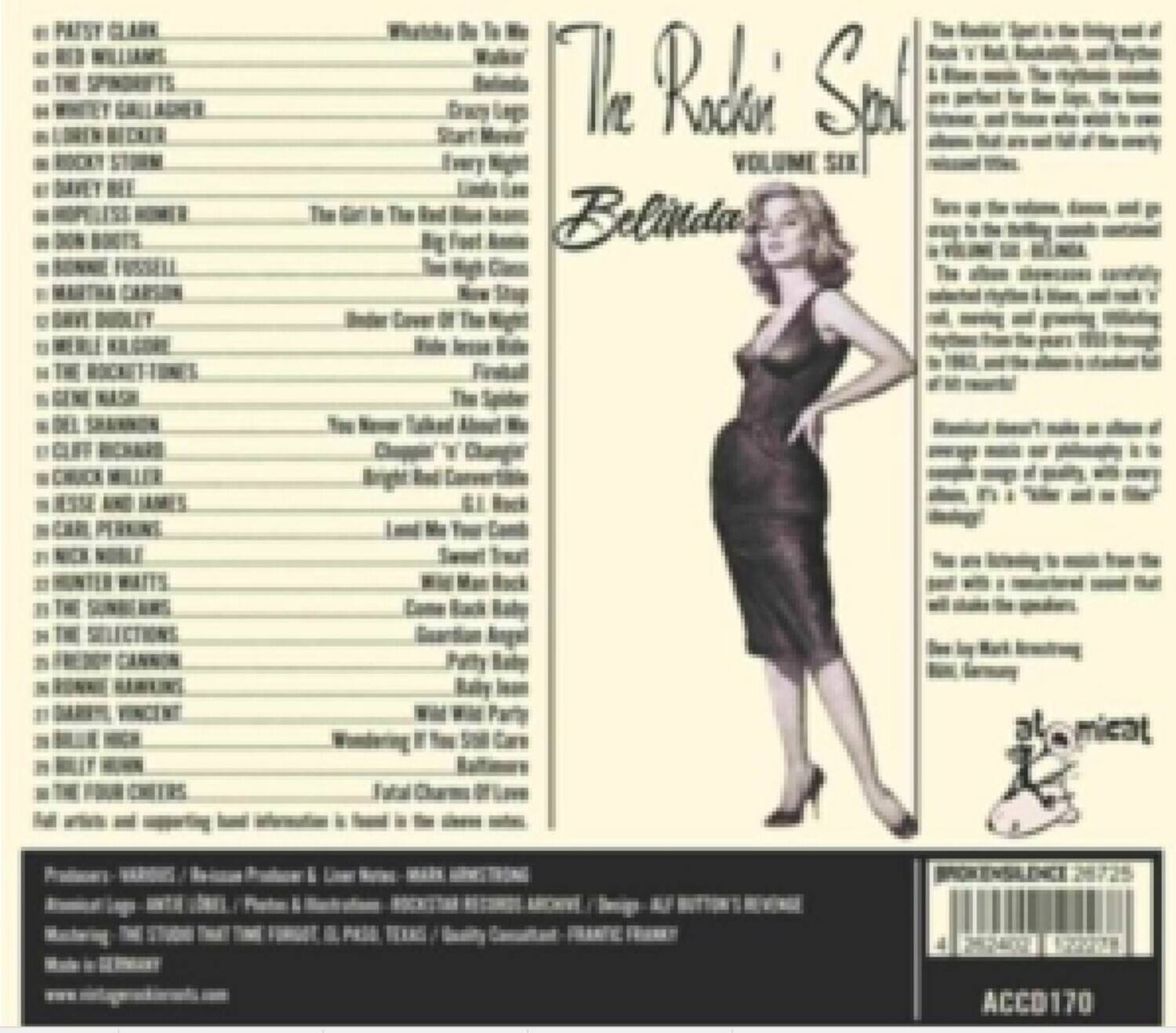 Sure, here is the corrected and grouped text from the image:

---

**The Rockin' Spot**  
**Volume Six**

**Belinda**

**7 Rocui Sal Belinda micat ACCO170**

**Play List:**

- **PAST CLARK**  
  What's It To Me  
  Indiana

- **THE SPARKLETS**  
  Dizzy Lugs

- **WHITNEY GALLAGHER**  
  Start Me Up

- **LORI WICKER**  
  Every Night

- **ROCKY STORM**  
  The Girl In The Red Dress Is My Righteous

- **HOPPLIST HUNTER**  
  The Girl In The Red Dress Is My Righteous

- **BONNIE FUSELL**  
  You Righteous

- **MARTHA CARRISON**  
  Inner Cover

- **GARY DOLLY**  
  Inner Cover

- **THE ROCKIN' TONES**  
  Righteous

- **GENE MASON**  
  The Supper

- **DEL SCHWARTZ**  
  You Never Talked About Me

- **CLIFF RICHARDSON**  
  Champion