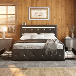 LUCKY ONE - Full Size Bed Frame with LED Light,4 Storage Drawers and Adjustable Headboard - Black