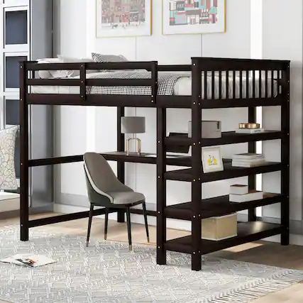 Front. Loheer - Loheer Full Size Loft Bed with Desk and Storage Shelves Espresso Solid Wood - Espresso.