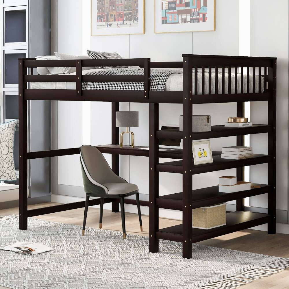 Front. Loheer - Loheer Full Size Loft Bed with Desk and Storage Shelves Espresso Solid Wood - Espresso.