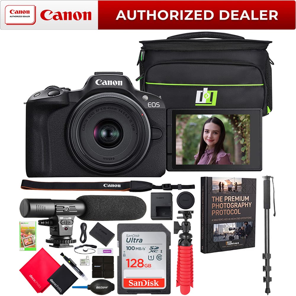 Canon AUTHORIZED DEALER

Canon RF-S19-45mm LENS F4.5-6.3 IS CANON STM

EOS

Canon

accour Somes BOARD

OFF. ON ....

Cames

THE PREMIUM PHOTOGRAPHY PROTOCOL MASTERO, ASS

decaphoto decephoto.

SECCOLA - decogoar

SanDisk Ultra 100MB/S 128GB SanDisk

DECO ESSENTIALS