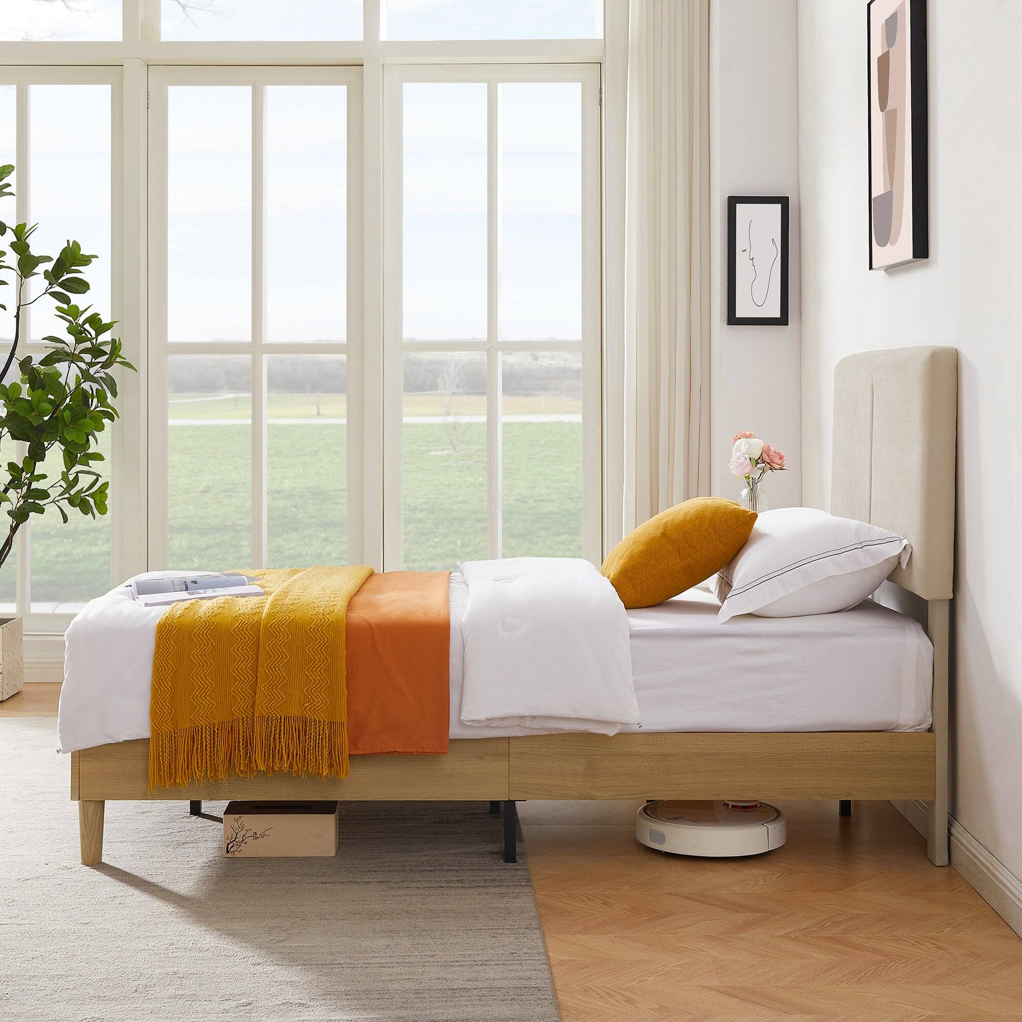 Alt View 3. Vecelo - Twin Size Adjustable Bed Frame with Headboard - No Box Spring Needed, Linen Upholstered, 600lb Capacity, Easy Assembly - Beige.