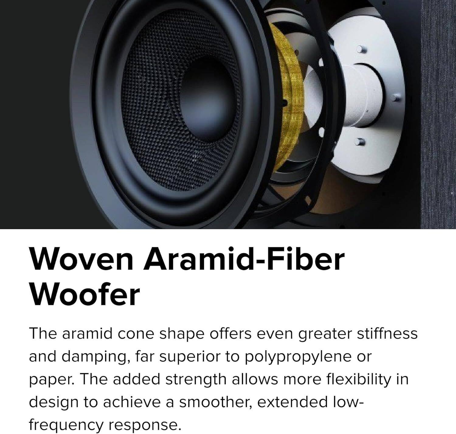 Woven Aramid-Fiber Woofers

The aramid cone shape offers even greater stiffness and damping, far superior to polypropylene or paper. The added strength allows more flexibility in design to achieve a smoother, extended low-frequency response.