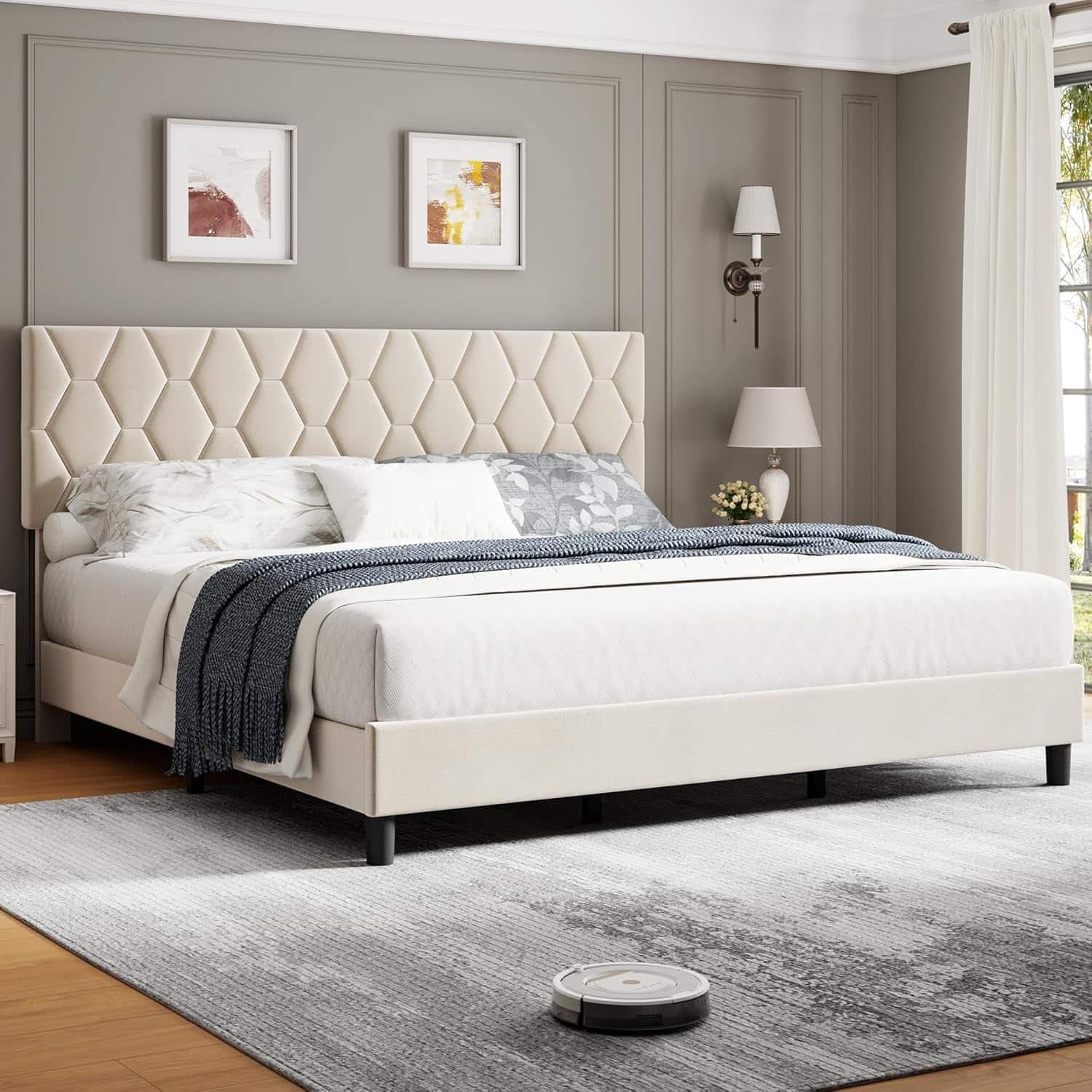 GARVEE - Queen Platform Bed Frame Beige Upholstered Headboard No Box Spring Platform Bed Frame - Beige Queen