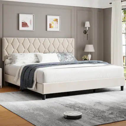 Front. Qeetex - Queen Platform Bed Frame Heavy-Duty Platform Bed Frame with Upholstered Headboard and Wooden Slats Support No Box Sprin - As Shown.