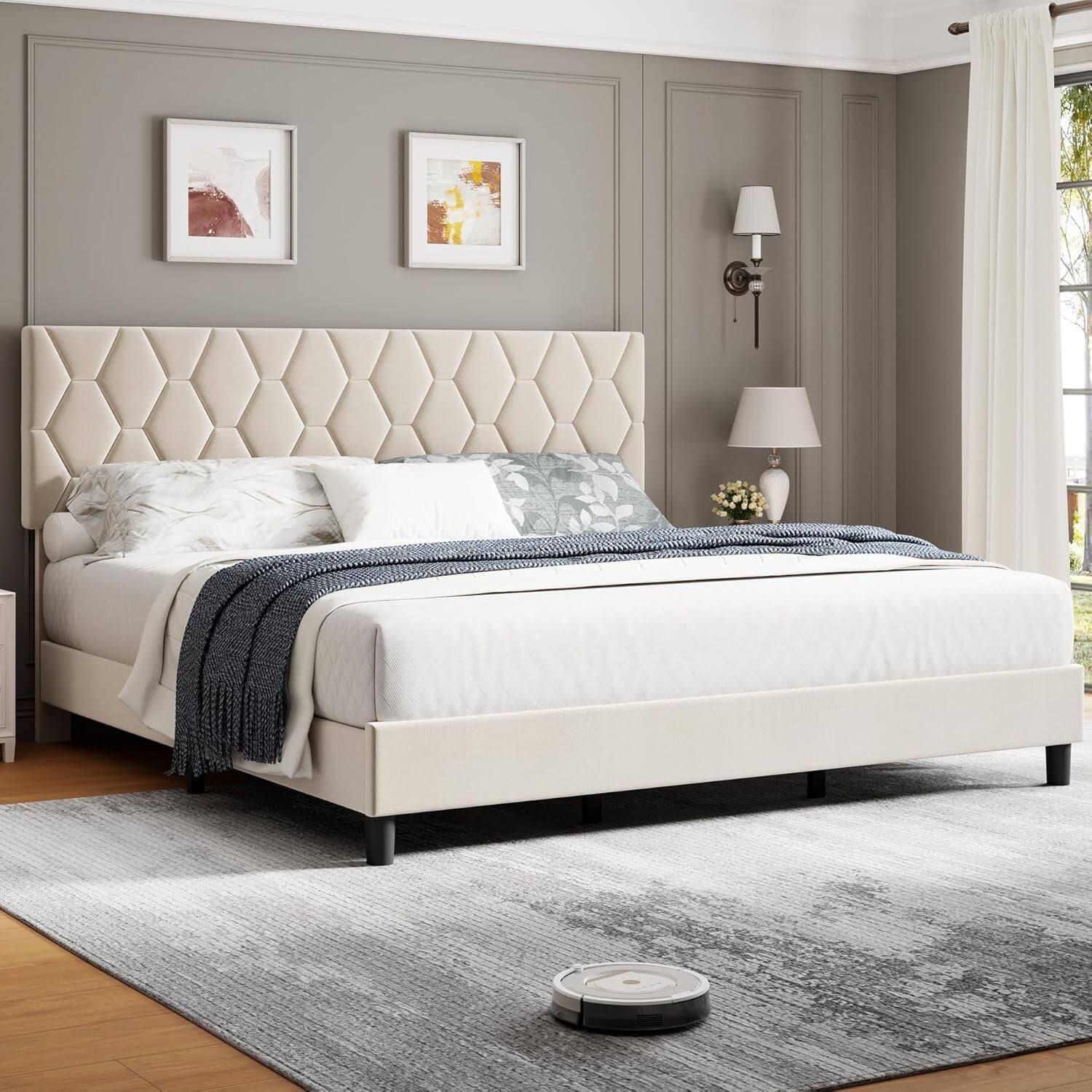 Front. GARVEE - Queen Platform Bed Frame Beige Upholstered Headboard No Box Spring Platform Bed Frame - Beige Queen.
