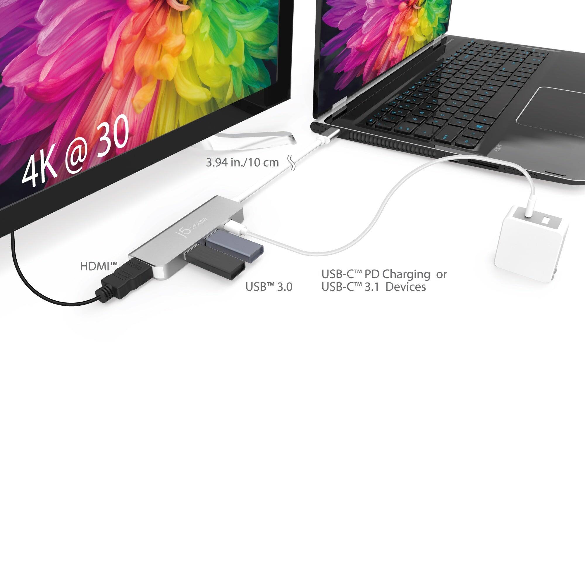 4K @ 30  
3.94 in/10 cm  
HDMI™  
USB™ 3.0  
USB-C™ PD Charging or USB-C™ 3.1 Devices