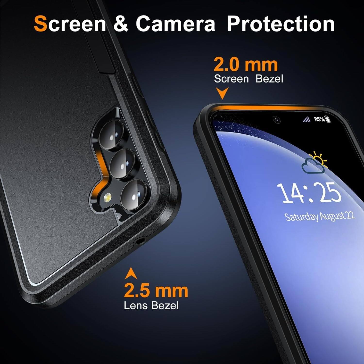 Screen & Camera Protection, 2.0 mm Screen Bezel, 2.5 mm Lens Bezel, 14:25, Saturday August 22, 85%