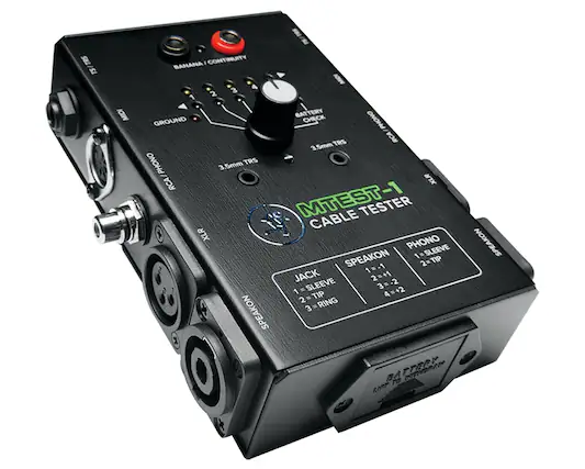 SHL TS MIDI BANANA I CONTINUITY 3 4 2 BATTERY CHECK GROUND PHONO TRS RCA 3 Smm PHONO 3.5mm TRS RCA XLR MTEST-1 CABLE TESTER XLR PHONO SPEAKON -SLEEVE 2=TIP =.1 JACK 2=+1 -2 SLEEVE 3=-2 1 TIP 4=+2 2= RING 3 # SPEAKON BA T INY IT SPEAKON