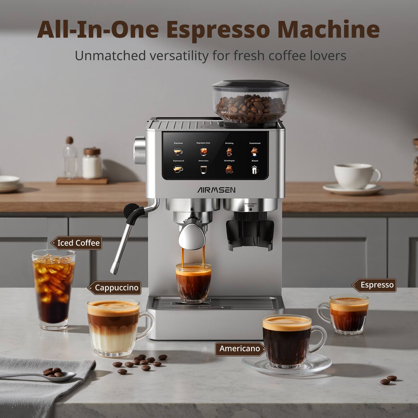 AIRMSEN Espresso Machine with Burr Grinder, Cold Brew Coffee