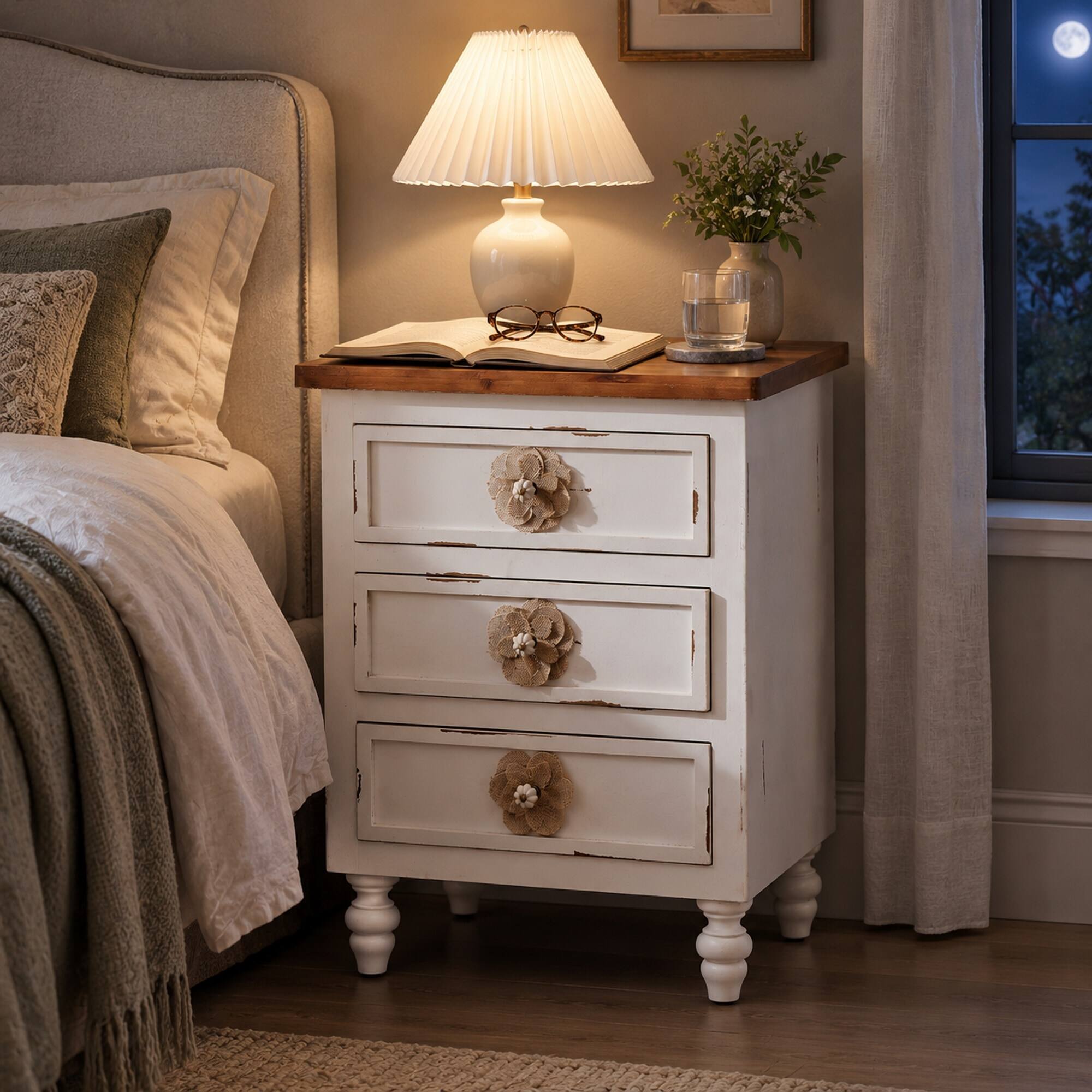 RYHNUYNE Rustic 3 Drawer Nightstand, 18.9 in Distressed White End Table ...