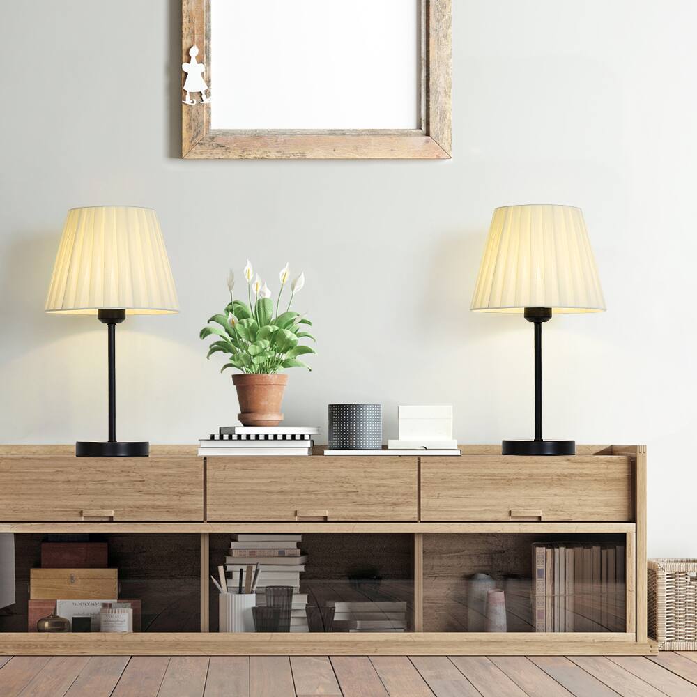Alt View 2. Oumilen - Black Base Table Lamp with Beige Pleated Fabric Shade, E26 Socket & UL Plug.