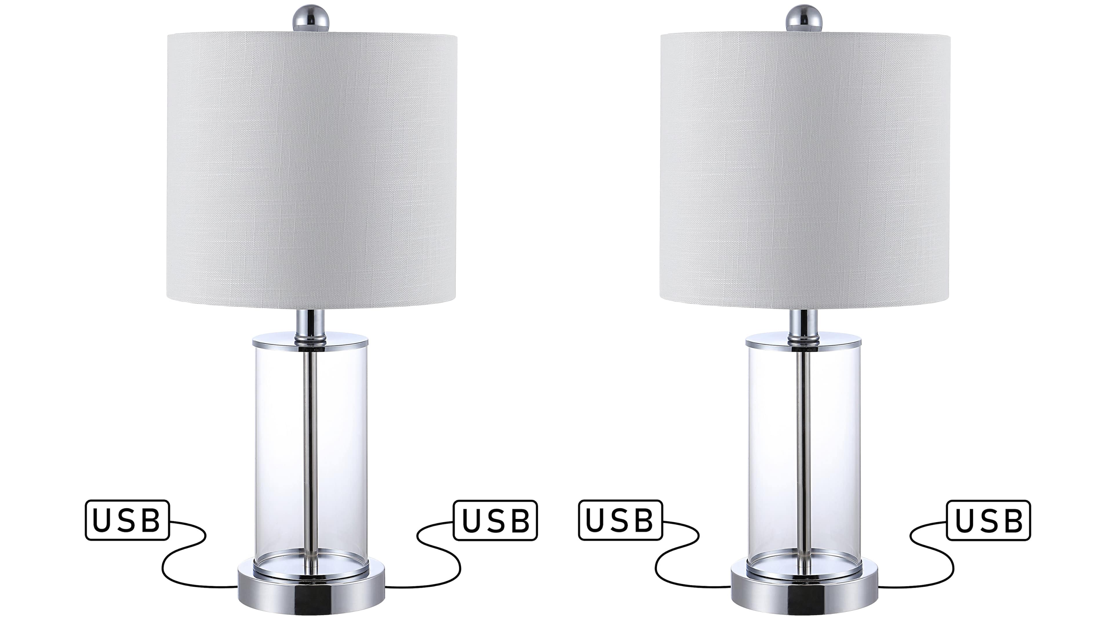 Jonathan Y - Abner 21" Glass Modern Contemporary USB Charging LED Table Lamp, Chrome (Set of 2) - Chrome/Clear