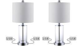 Jonathan Y - Abner 21" Glass Modern Contemporary USB Charging LED Table Lamp, Chrome (Set of 2) - Chrome/Clear