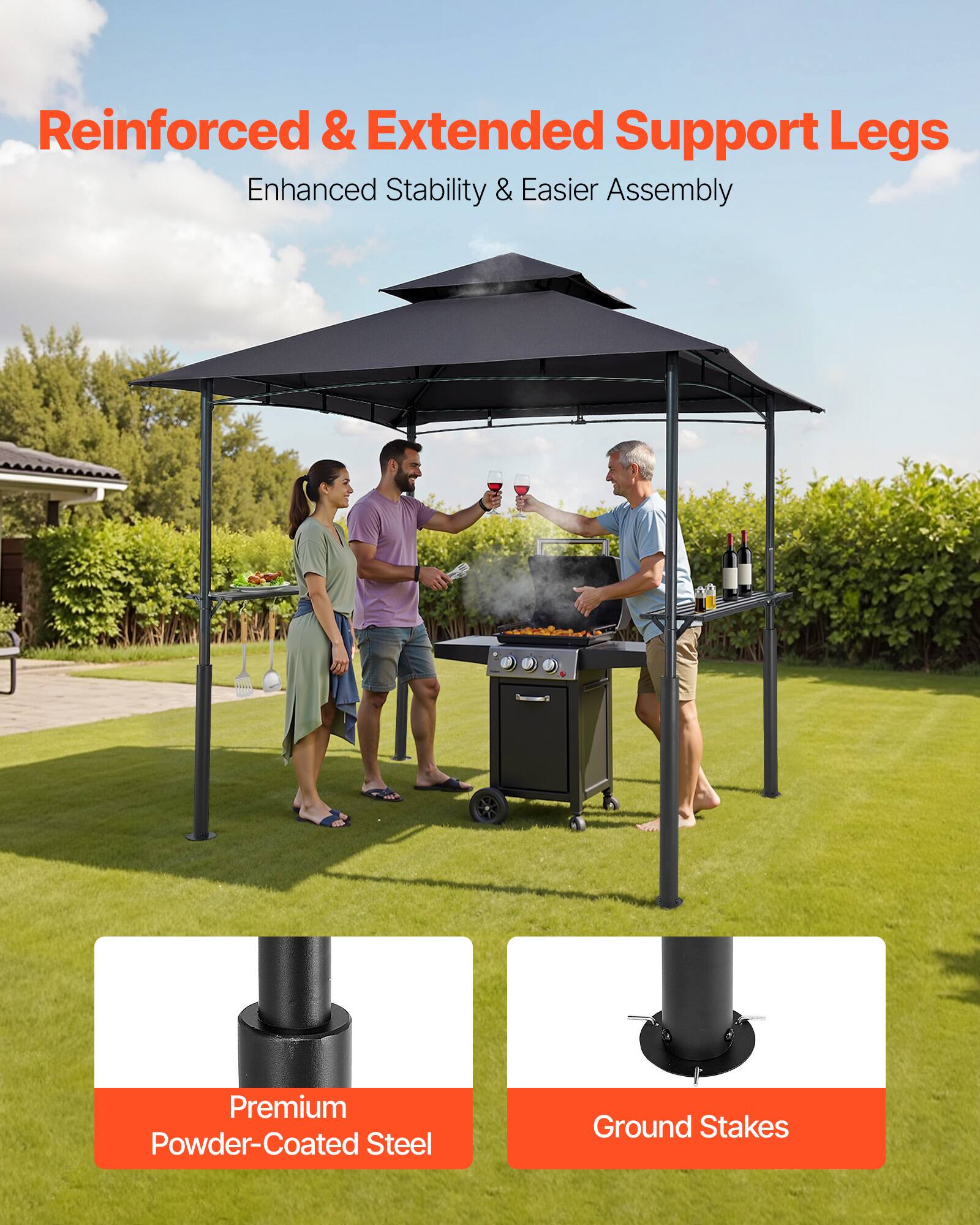 Reinforced & Extended Support Legs  
Enhanced Stability & Easier Assembly  

Premium Powder-Coated Steel  
Ground Stakes