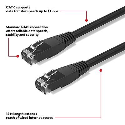 CAT 6 supports data transfer speeds up to 1 Gbps.  
Standard RJ45 connection offers reliable data speeds, stability, and security.  
14 ft length extends reach of wired internet access.