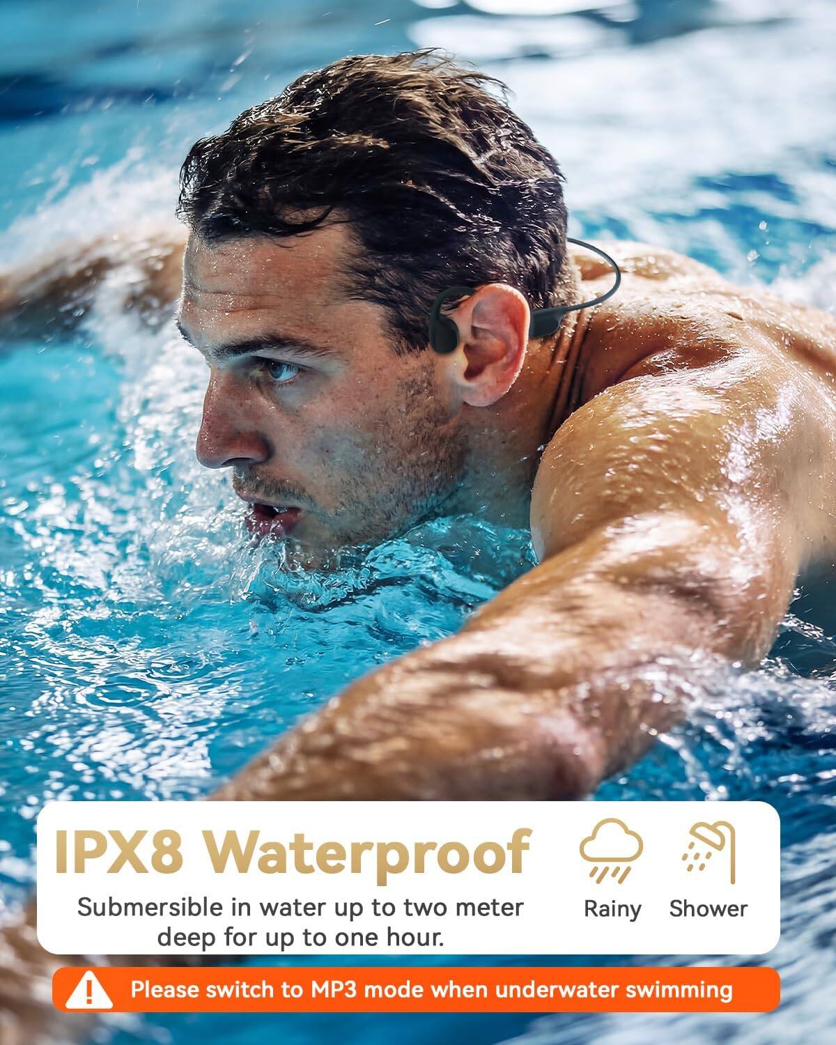 IPX8 Waterproof  
Submersible in water up to two meters deep for up to one hour.  
Please switch to MP3 mode when underwater swimming