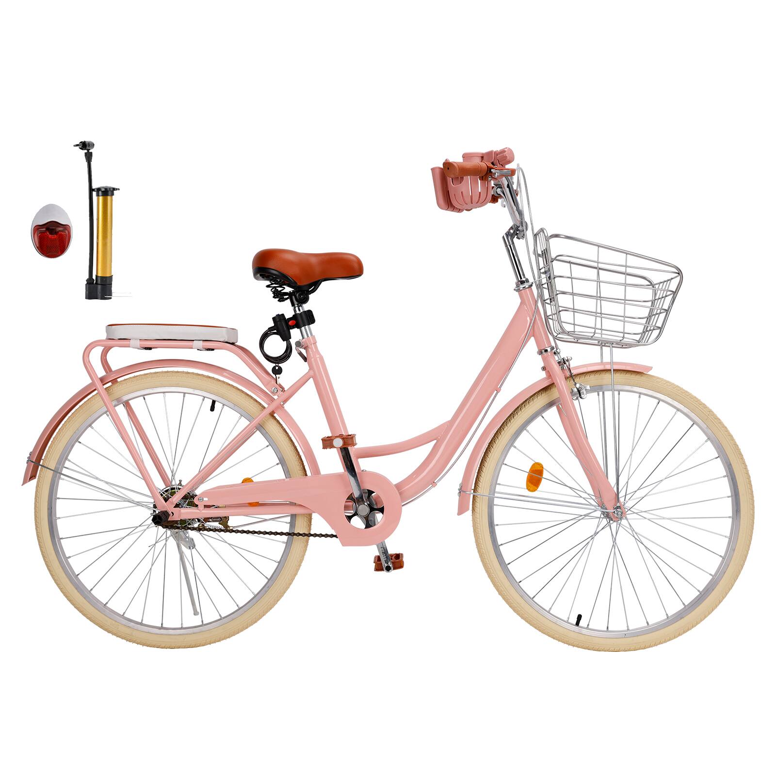 Left. Topteng - 26" Beach Cruiser Bike for Men/Women with Cup Holder, High Carbon Steel Frame, Dual Brakes, Rear Rack and Basket, Pink - Pink.