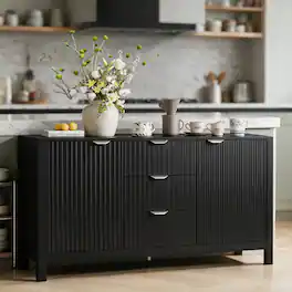RYHNUYNE - Freestanding Sideboard with 3 Adjustable Shelves, 3 Drawers and Soft-Close Doors, Storage Console Table - Black