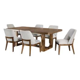 Manhattan Lane - Ramie 7pc Dining Table Set, 84-102 Inch Expandable Leaf, 6 White Chair - Chestnut Brown, White