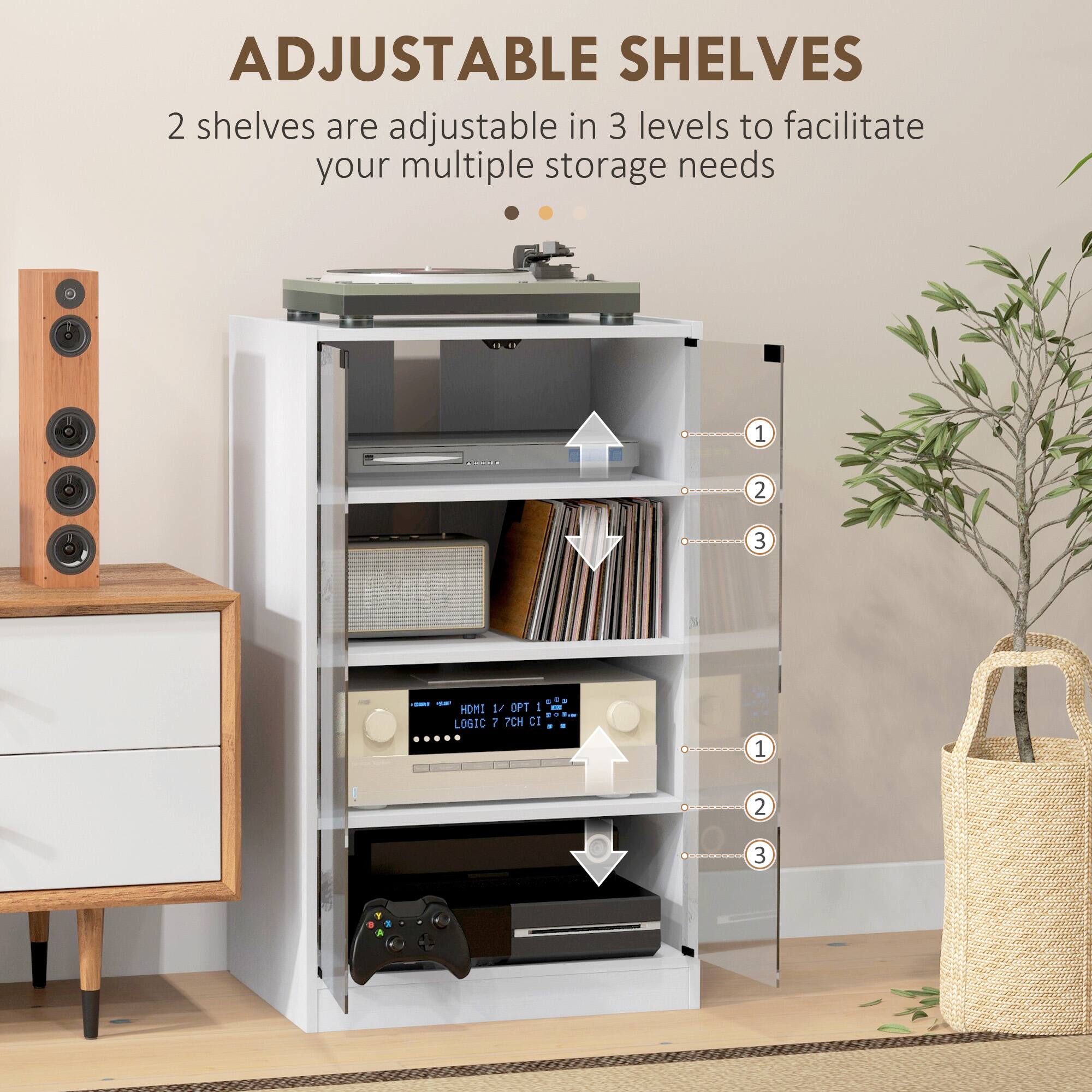 ADJUSTABLE SHELVES 2 shelves are adjustable in 3 levels to facilitate your multiple storage needs 1 2 3 | I HOMI 1/ OPT - LOGIC 1 TCH CI - 1 2 3