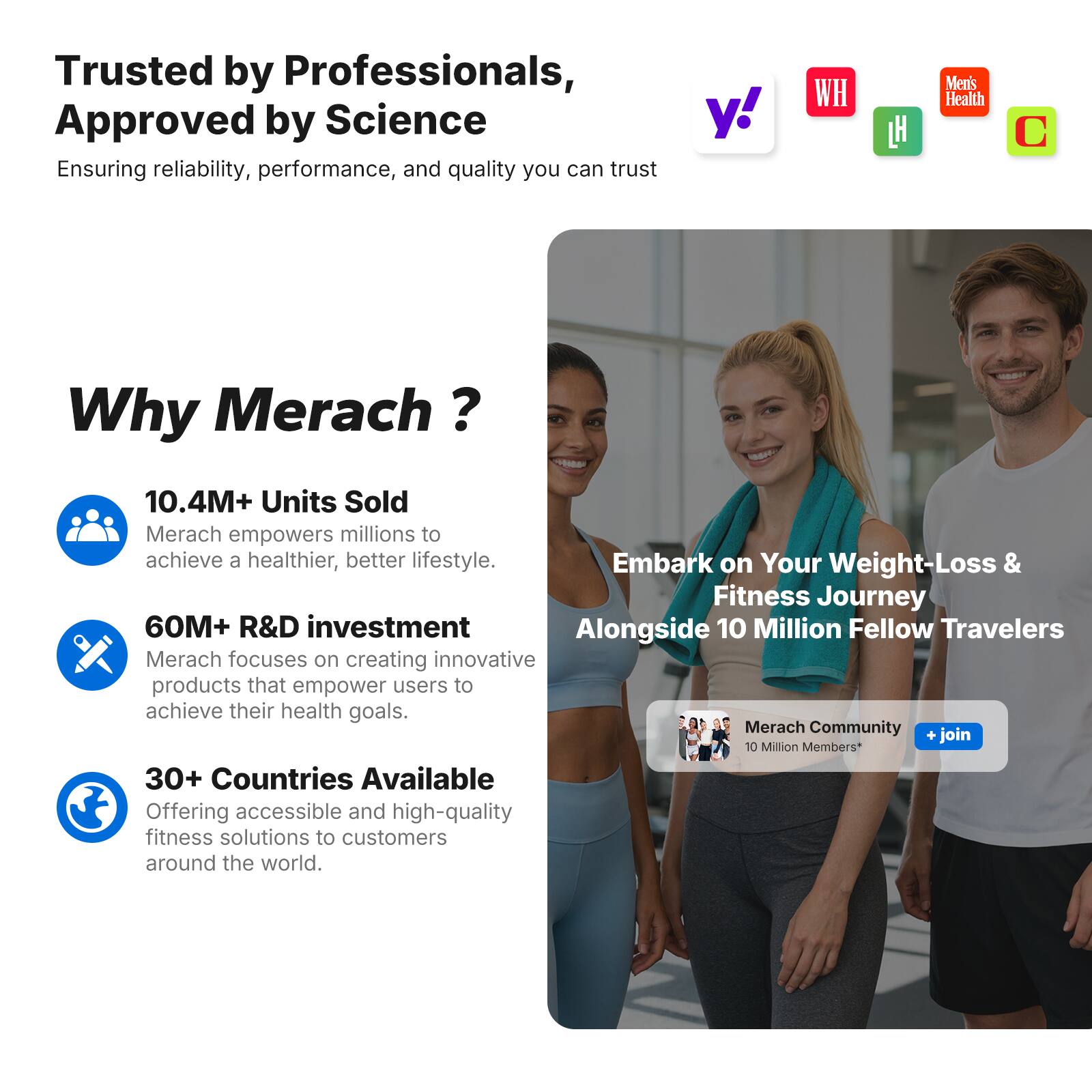 Trusted by Professionals, Approved by Science  
Ensuring reliability, performance, and quality you can trust

Why Merach?

- 10.4M+ Units Sold  
Merach empowers millions to achieve a healthier, better lifestyle.

- 60M+ R&D investment  
Merach focuses on creating innovative products that empower users to achieve their health goals.

- 30+ Countries Available  
Offering accessible and high-quality fitness solutions to customers around the world.

Embark on Your Weight-Loss & Fitness Journey  
Alongside 10 Million Fellow Travelers

Merach Community  
+ join  
10 Million Members*