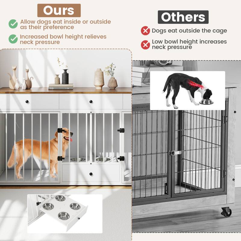 Ours
- Allow dogs to eat inside or outside as their preference
- Increased bowl height relieves neck pressure

Others
- Dogs eat outside the cage
- Low bowl height increases neck pressure